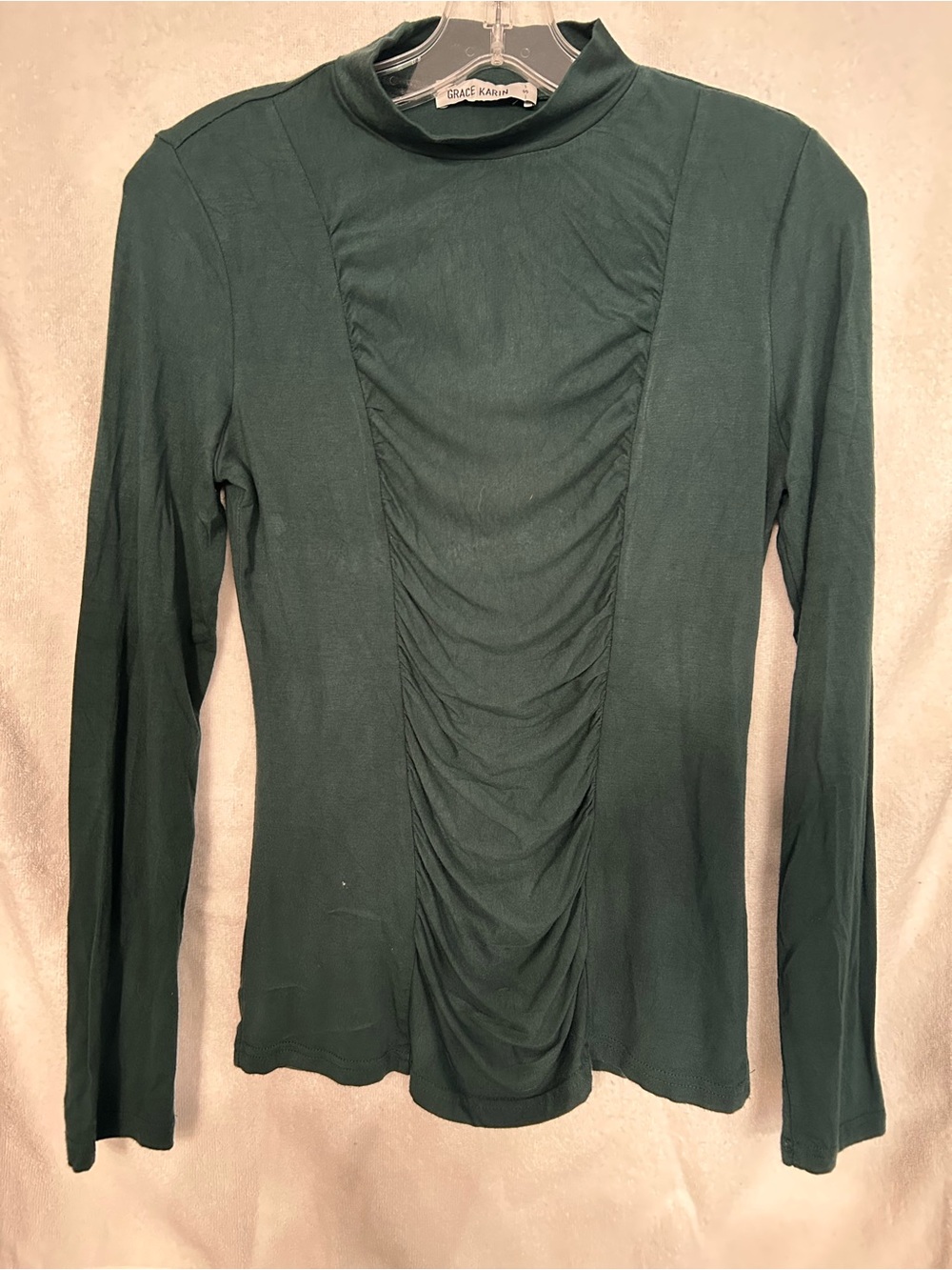 Grace Karin Dark Green Ruched Mock Neck Long Sleeve Top